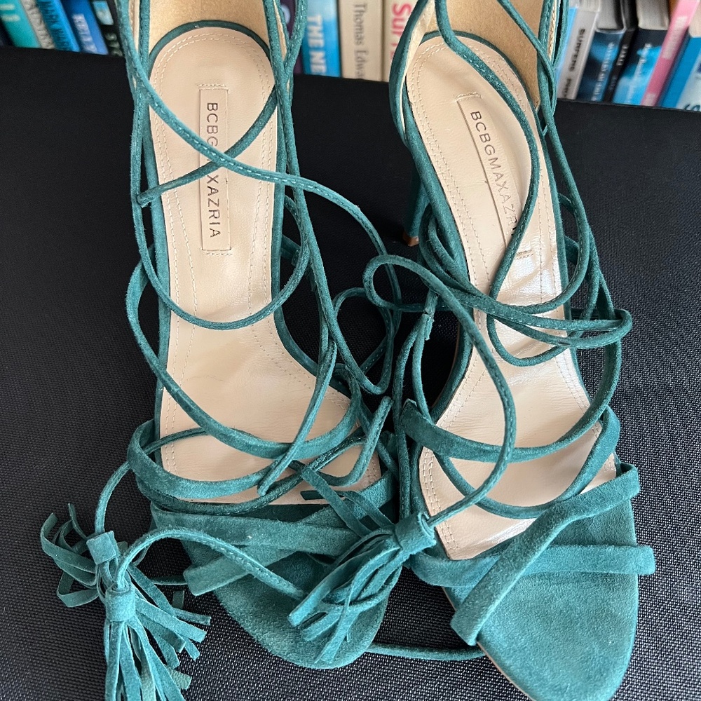 BGBG MaxAzria, Green Suede Strappy Sandal, Size 8